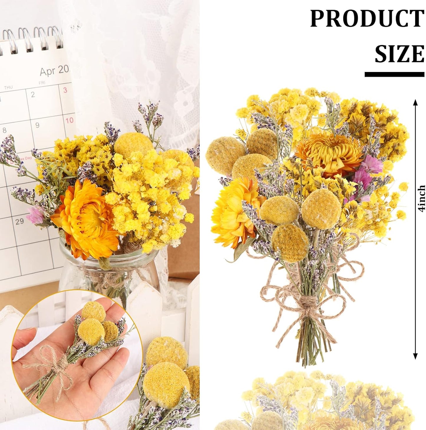 8 Pcs Mini Gypsophila Bouquets Natural Gypsophila Yellow Dried Flowers Bouquet Dry Flower&Leaves Daisy Dried Embossing Flower Bundles Plant Stem Bunch for DIY Craft,Photo Props,Wedding Card Decoration