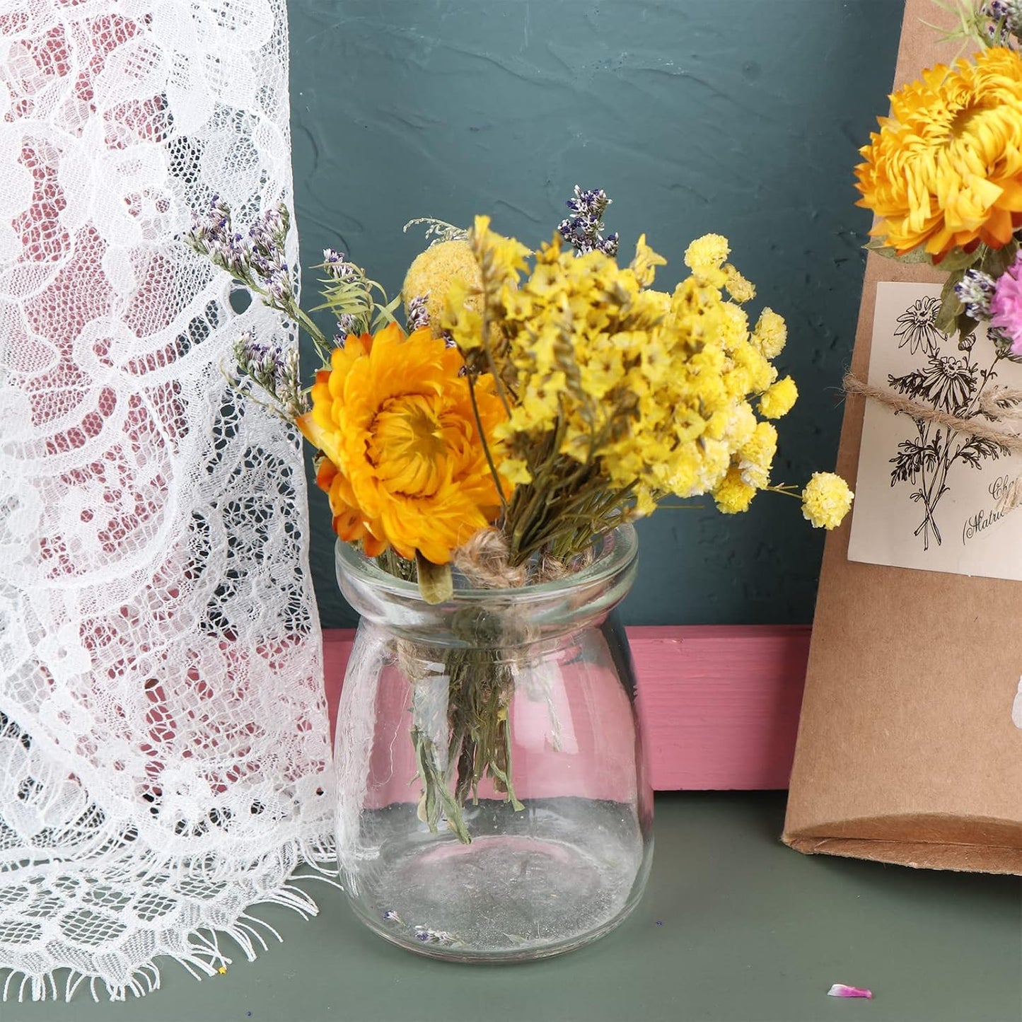 8 Pcs Mini Gypsophila Bouquets Natural Gypsophila Yellow Dried Flowers Bouquet Dry Flower&Leaves Daisy Dried Embossing Flower Bundles Plant Stem Bunch for DIY Craft,Photo Props,Wedding Card Decoration