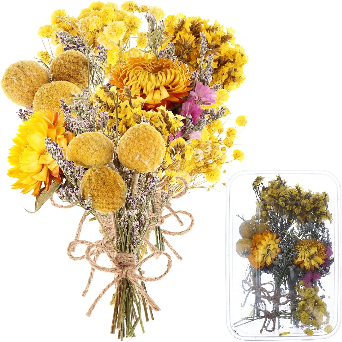 8 Pcs Mini Gypsophila Bouquets Natural Gypsophila Yellow Dried Flowers Bouquet Dry Flower&Leaves Daisy Dried Embossing Flower Bundles Plant Stem Bunch for DIY Craft,Photo Props,Wedding Card Decoration