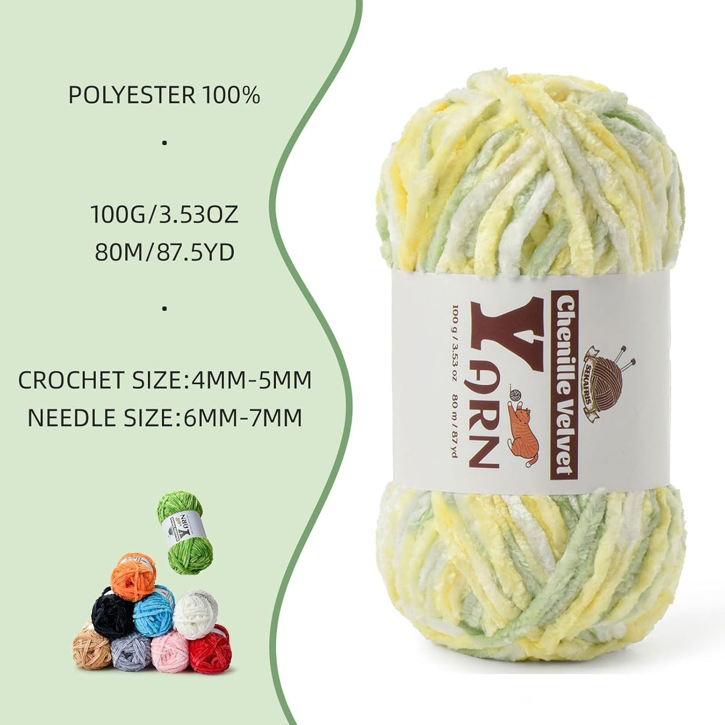 Chenille Crochet Greenish Yellow Yarn 1 Pack | Fluffy Velvet Yarn Blanket Knitting Yarn for Crocheting Soft Baby Yarn