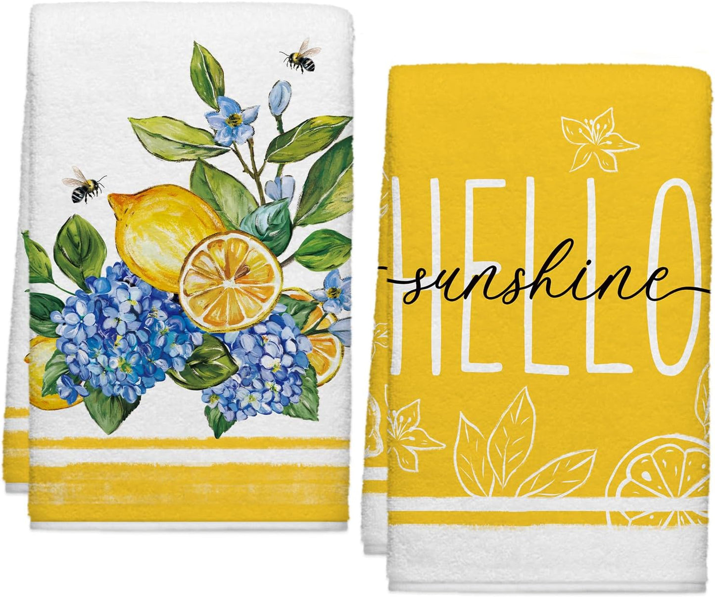 Summer Hydrangeas Lemons Kitchen Towels, Hello Sunshine Dish Towels Set of 2, Blue Amalfi Coas Farmhouse 18 x 26 Inch Hand Towel Quick Drying Dishcloth Decor for Kitchen Bathroom Home