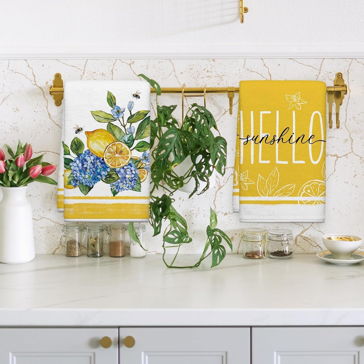 Summer Hydrangeas Lemons Kitchen Towels, Hello Sunshine Dish Towels Set of 2, Blue Amalfi Coas Farmhouse 18 x 26 Inch Hand Towel Quick Drying Dishcloth Decor for Kitchen Bathroom Home
