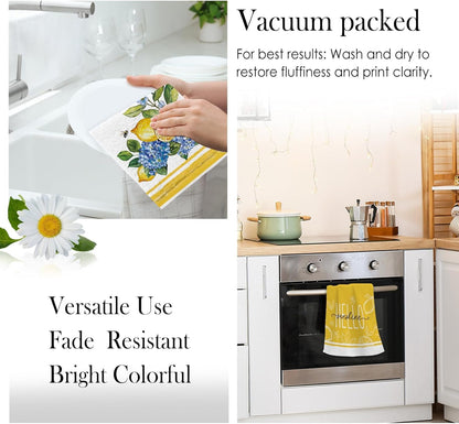 Summer Hydrangeas Lemons Kitchen Towels, Hello Sunshine Dish Towels Set of 2, Blue Amalfi Coas Farmhouse 18 x 26 Inch Hand Towel Quick Drying Dishcloth Decor for Kitchen Bathroom Home