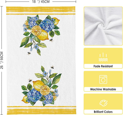Summer Hydrangeas Lemons Kitchen Towels, Hello Sunshine Dish Towels Set of 2, Blue Amalfi Coas Farmhouse 18 x 26 Inch Hand Towel Quick Drying Dishcloth Decor for Kitchen Bathroom Home