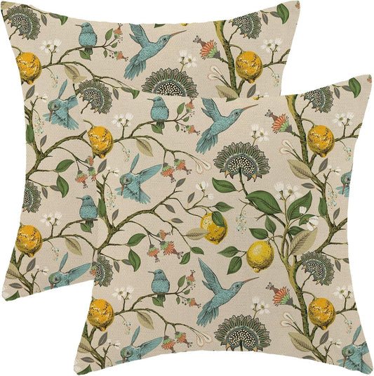 Spring Chinoiserie Pillow Covers 18x18 Set of 2,Vintage Floral Bule Green Birds Yellow Lemon Farmhouse Outdoor Decoration Throw Pillow Covers Linen Cushion Cases for Couch Sofa Home Decor