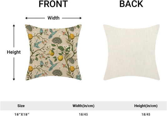 Spring Chinoiserie Pillow Covers 18x18 Set of 2,Vintage Floral Bule Green Birds Yellow Lemon Farmhouse Outdoor Decoration Throw Pillow Covers Linen Cushion Cases for Couch Sofa Home Decor