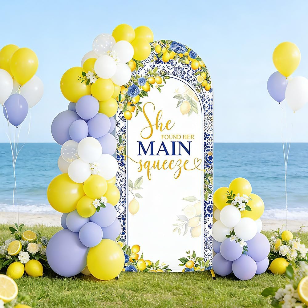 6ft Lemon Wedding Arch Backdrop Cover, She Found Main Squeeze Arch Covers, 2-Sided Round Top Chiara Blue Tile Bridal Shower Party Arch Decorations