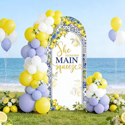 6ft Lemon Wedding Arch Backdrop Cover, She Found Main Squeeze Arch Covers, 2-Sided Round Top Chiara Blue Tile Bridal Shower Party Arch Decorations