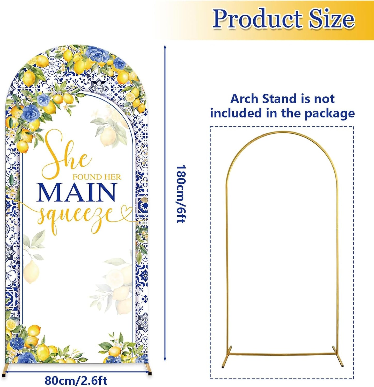 6ft Lemon Wedding Arch Backdrop Cover, She Found Main Squeeze Arch Covers, 2-Sided Round Top Chiara Blue Tile Bridal Shower Party Arch Decorations