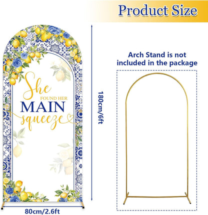6ft Lemon Wedding Arch Backdrop Cover, She Found Main Squeeze Arch Covers, 2-Sided Round Top Chiara Blue Tile Bridal Shower Party Arch Decorations