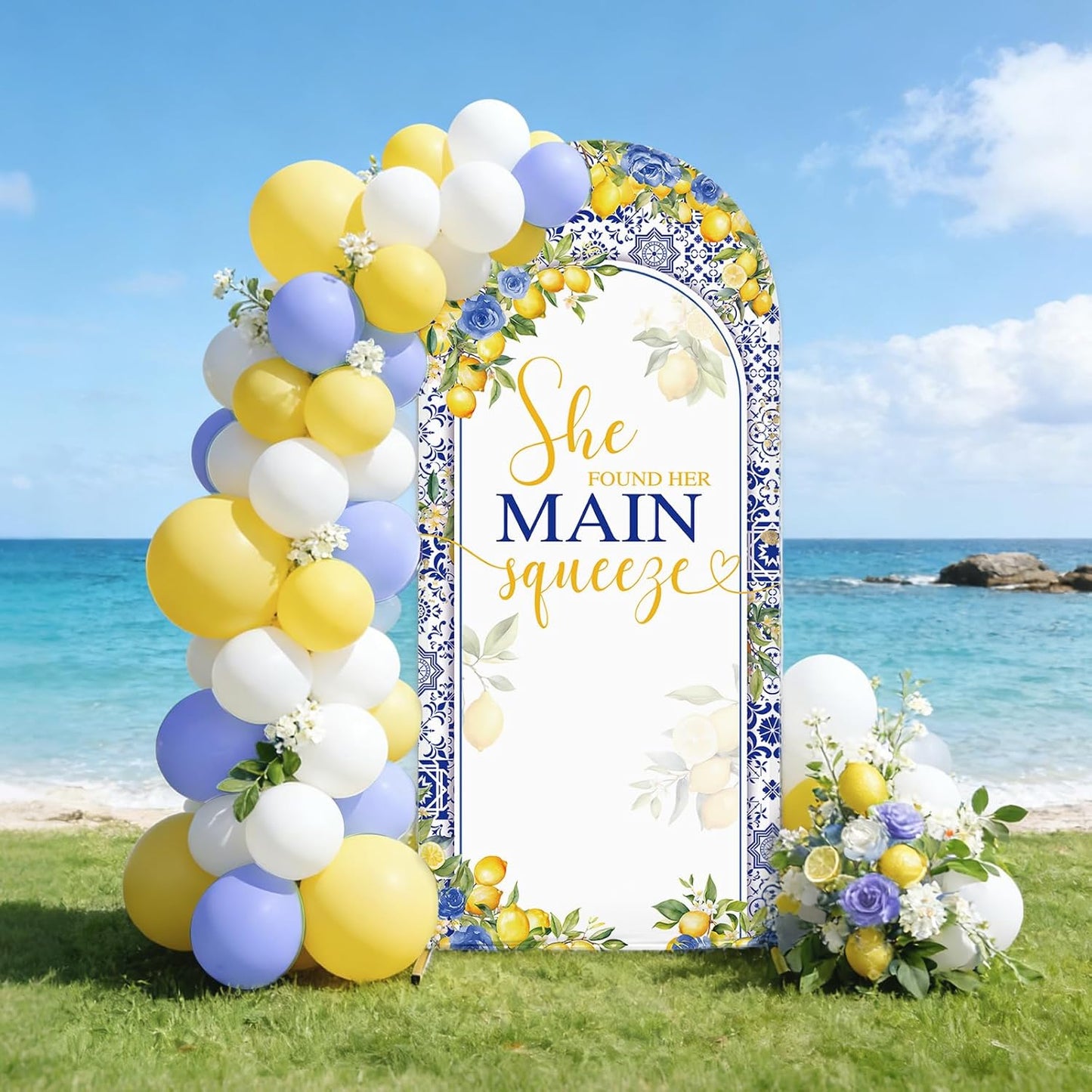 6ft Lemon Wedding Arch Backdrop Cover, She Found Main Squeeze Arch Covers, 2-Sided Round Top Chiara Blue Tile Bridal Shower Party Arch Decorations
