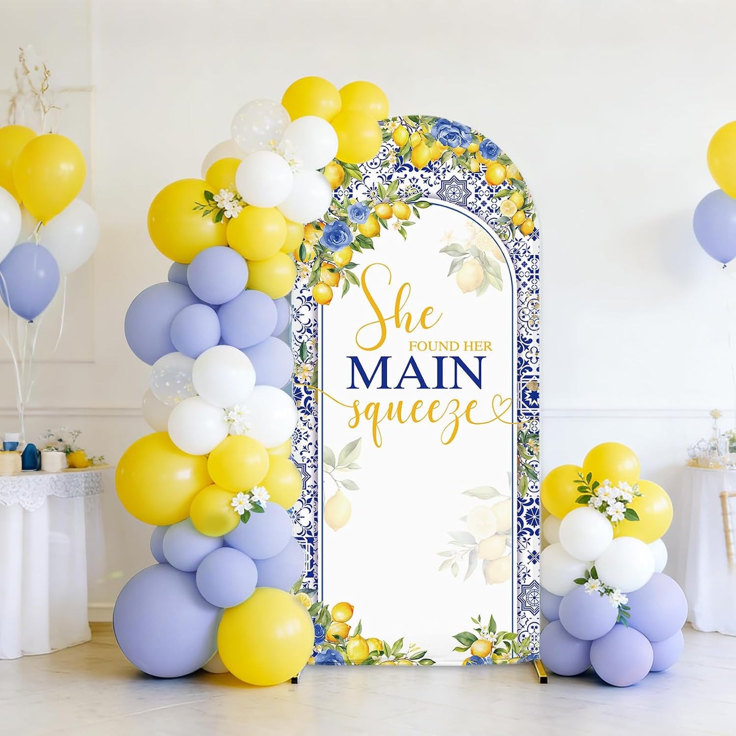6ft Lemon Wedding Arch Backdrop Cover, She Found Main Squeeze Arch Covers, 2-Sided Round Top Chiara Blue Tile Bridal Shower Party Arch Decorations