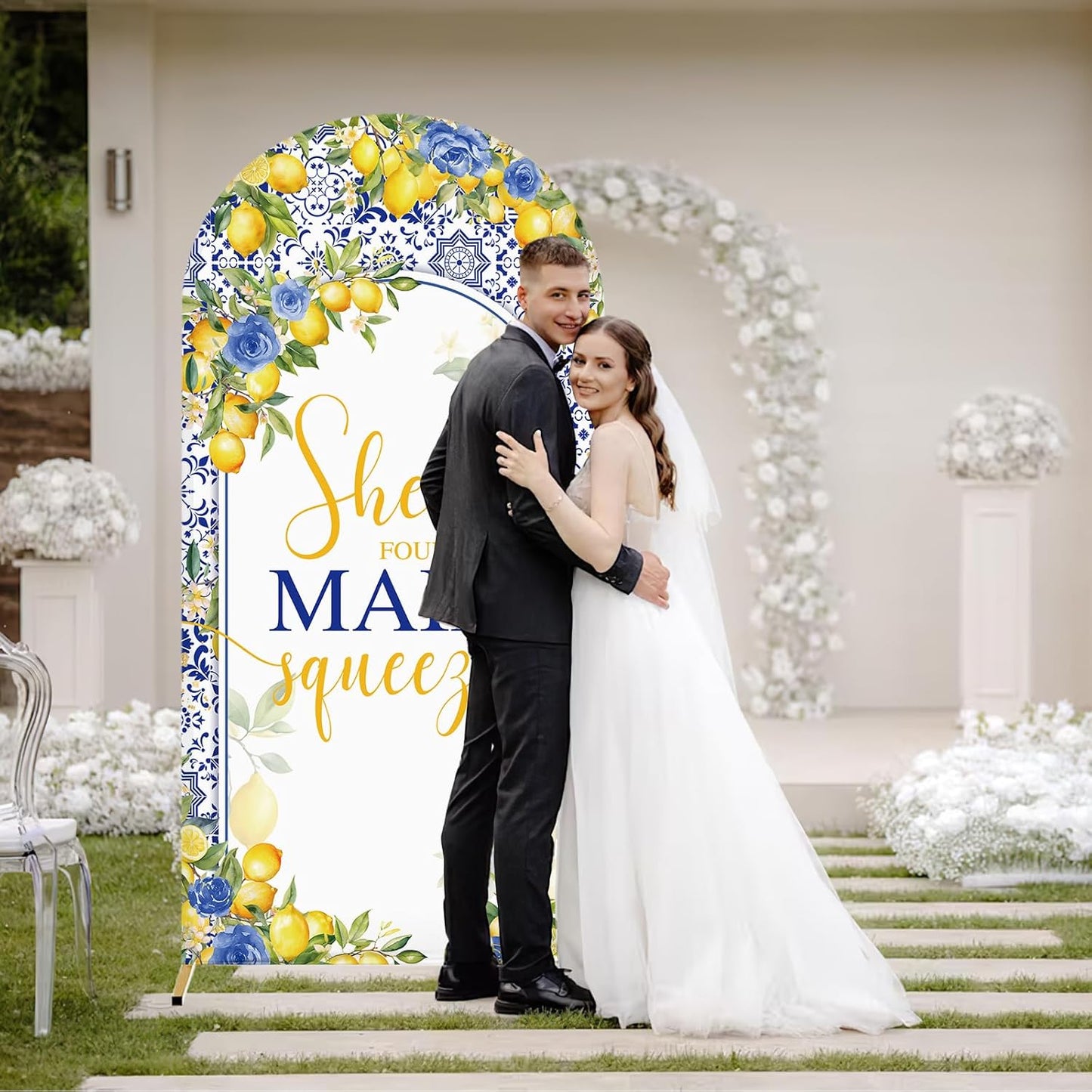 6ft Lemon Wedding Arch Backdrop Cover, She Found Main Squeeze Arch Covers, 2-Sided Round Top Chiara Blue Tile Bridal Shower Party Arch Decorations