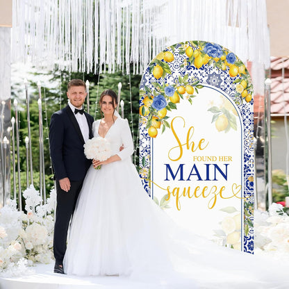 6ft Lemon Wedding Arch Backdrop Cover, She Found Main Squeeze Arch Covers, 2-Sided Round Top Chiara Blue Tile Bridal Shower Party Arch Decorations