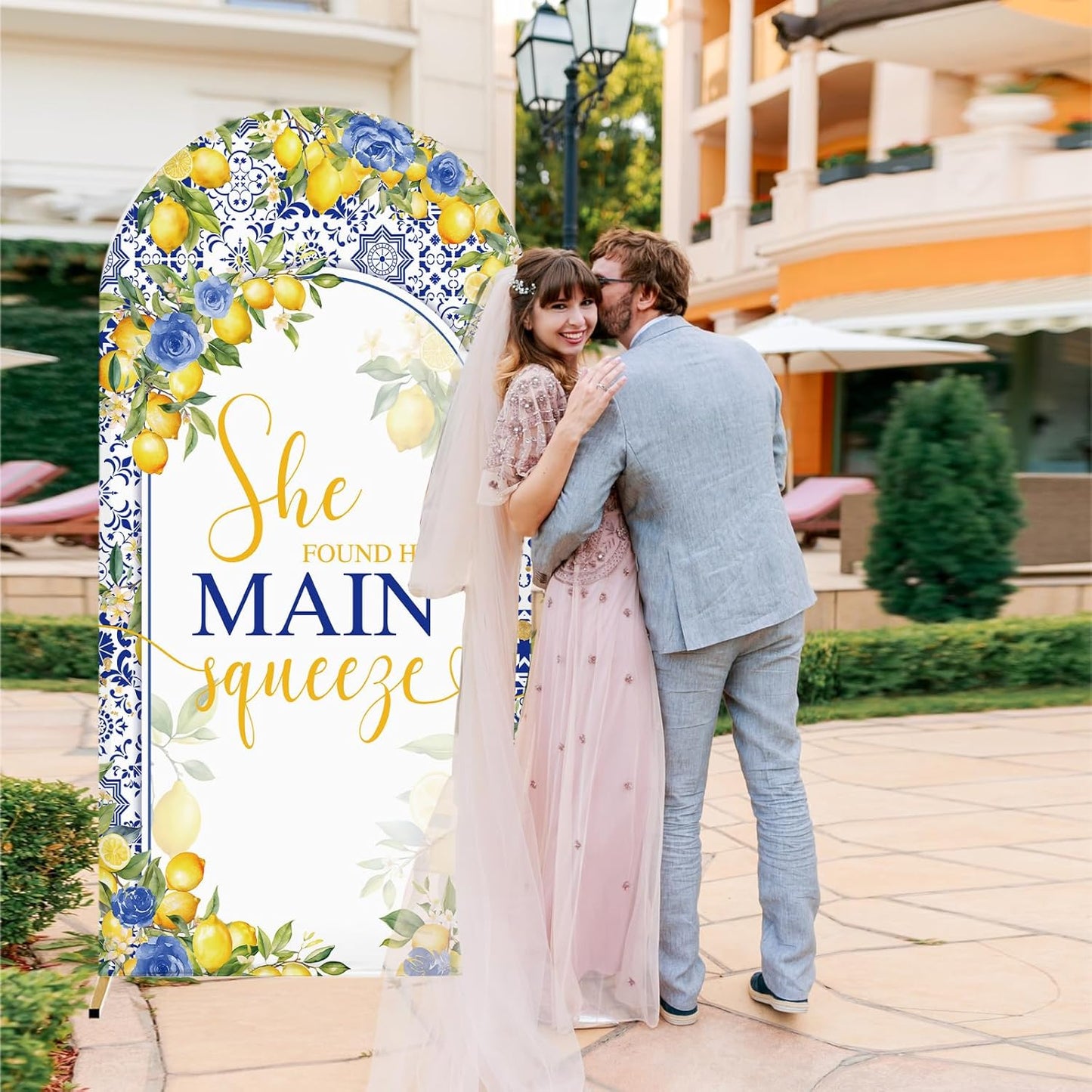 6ft Lemon Wedding Arch Backdrop Cover, She Found Main Squeeze Arch Covers, 2-Sided Round Top Chiara Blue Tile Bridal Shower Party Arch Decorations