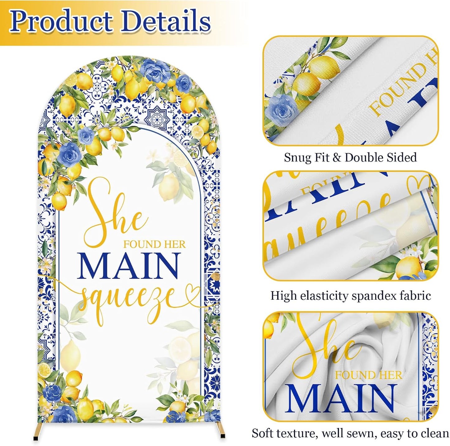 6ft Lemon Wedding Arch Backdrop Cover, She Found Main Squeeze Arch Covers, 2-Sided Round Top Chiara Blue Tile Bridal Shower Party Arch Decorations