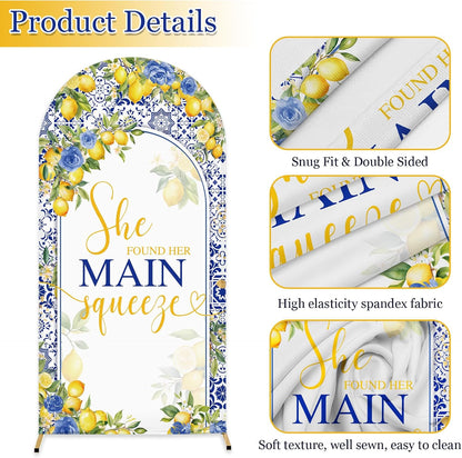 6ft Lemon Wedding Arch Backdrop Cover, She Found Main Squeeze Arch Covers, 2-Sided Round Top Chiara Blue Tile Bridal Shower Party Arch Decorations