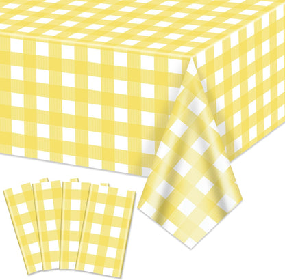 4 Pack Light Yellow Gingham Tablecloths, Yellow and White Checkered Tablecloths 86.6 x 51.2 Inches Rectangular Waterproof Picnic Table Covers for Birthday Party Holiday Outdoor Supplies