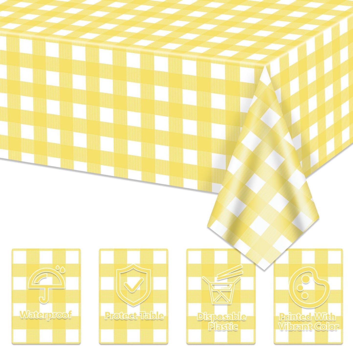 4 Pack Light Yellow Gingham Tablecloths, Yellow and White Checkered Tablecloths 86.6 x 51.2 Inches Rectangular Waterproof Picnic Table Covers for Birthday Party Holiday Outdoor Supplies