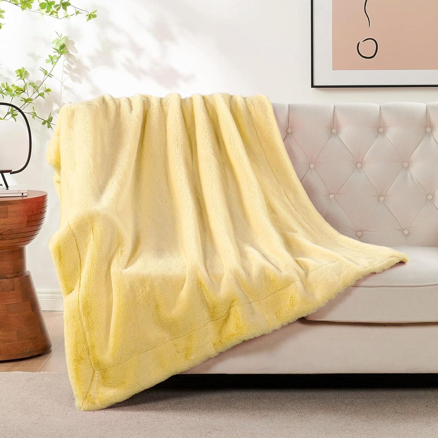 Luxurious Faux Fur Throw Blanket - 800gsm Heavy Thick Plush Warm Throw for Couch Bed Sofa, Soft Fluffy Fuzzy Blanket Reversible to Cozy Velvet, 50" x 60", Daffodil Yellow
