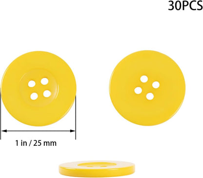 30PCS 1 Inch (25mm) Yellow Round 4-Hole Resin Buttons for Sewing — Flatback Craft Buttons for Clothes, Shirt, Coat, Jacket, Pants, Uniform, DIY Projects — 18 Colors Available
