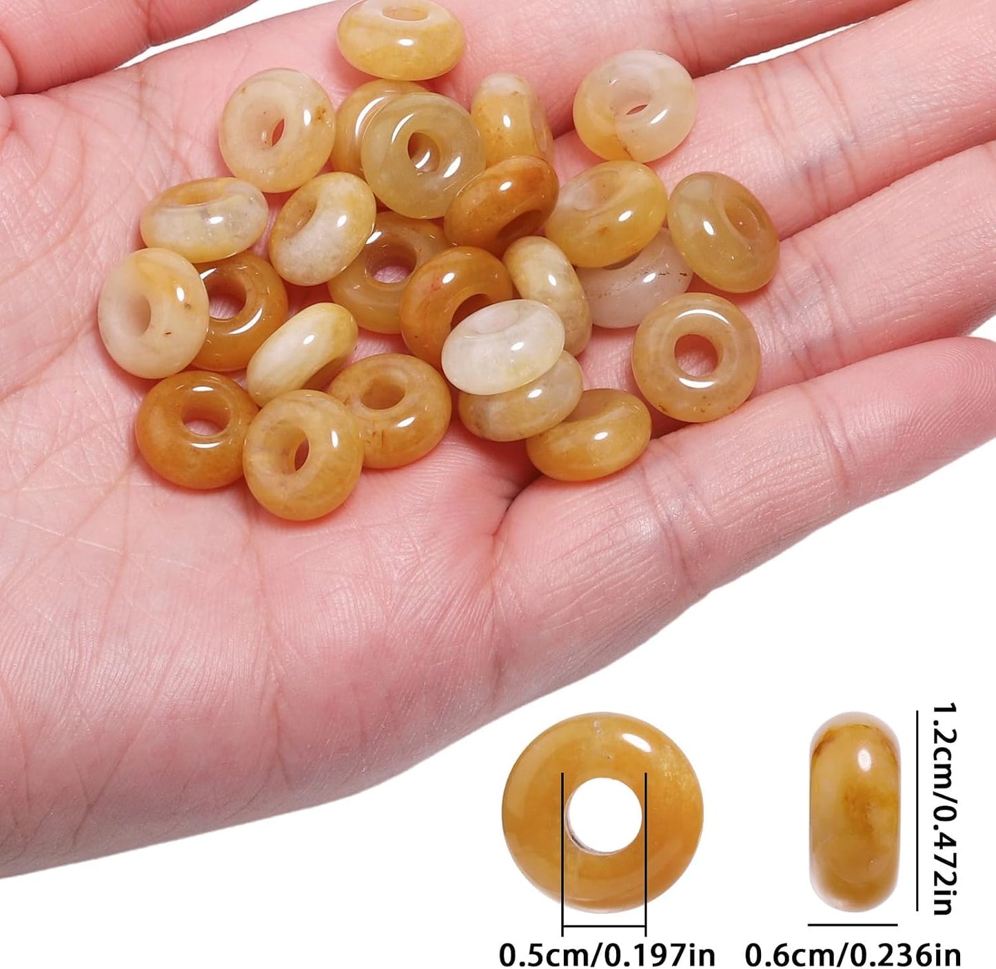 Yellow Jade Large Gemstone Beads for Jewelry Making, Natural Stone European Beads Large Hole Smooth Loose Spacer, Arts and Crafts, Pack of 15(6x12mm)