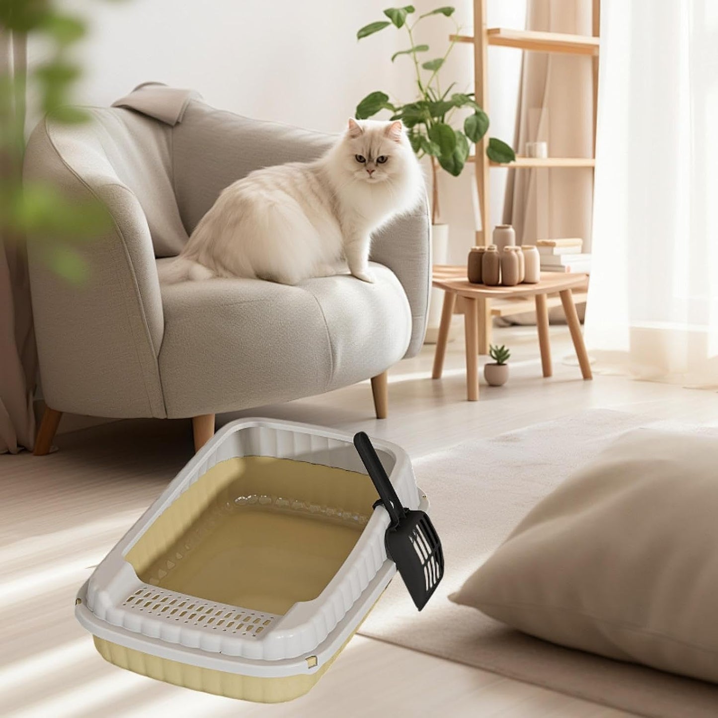 Cat Litter Box Kitten Potty Toilet,Cat Toilet,Pet Litter Tray,for Small Medium Large Cats, Light Yellow