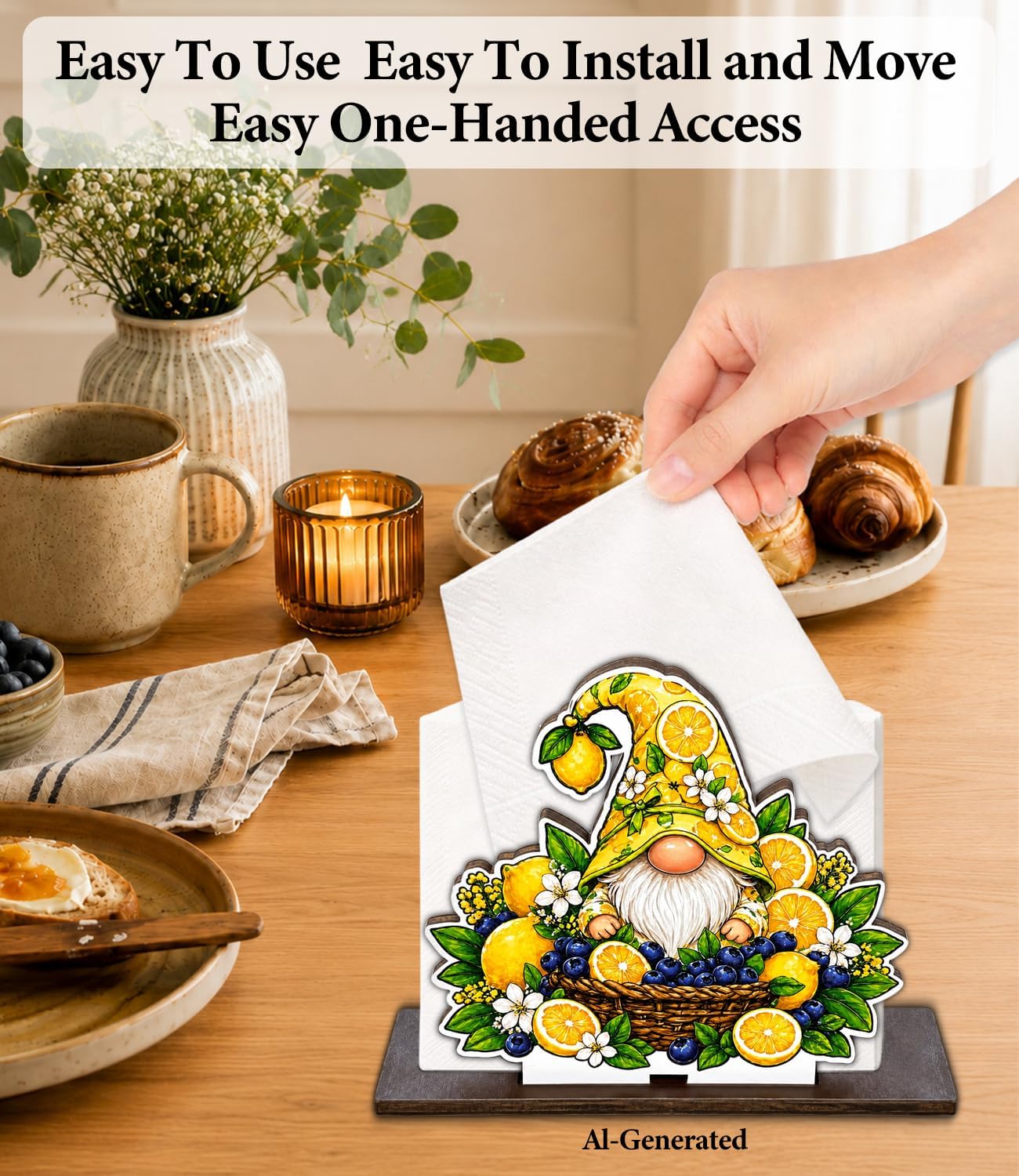 Cute Lemon Wooden Napkin Holder for Table Summer Yellow Lemon Wood Napkin Dispenser for Home Kitchen Dining Room Decor Napkins Tissue Holder