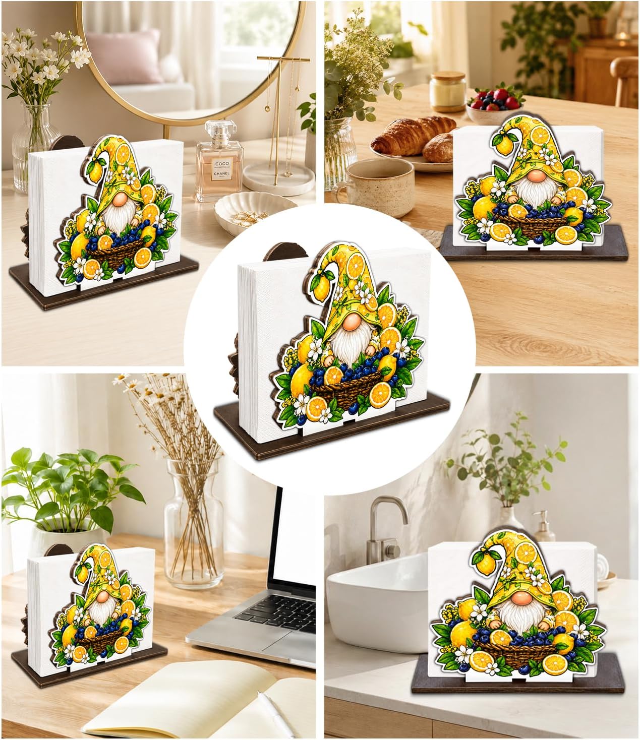 Cute Lemon Wooden Napkin Holder for Table Summer Yellow Lemon Wood Napkin Dispenser for Home Kitchen Dining Room Decor Napkins Tissue Holder