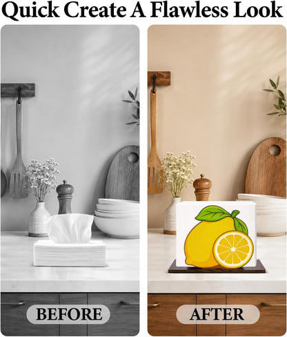 Cute Lemon Wooden Napkin Holder for Table Summer Yellow Lemon Wood Napkin Dispenser for Home Kitchen Dining Room Decor Napkins Tissue Holder