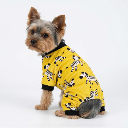 Zebra Dog Fleece Pajamas, Funny Winter Clothes for Small Dogs Boy Girl, Cozy Pet Onesie, Yellow, Black, White, Medium