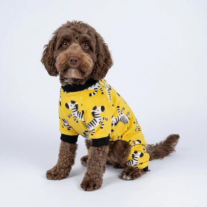 Zebra Dog Fleece Pajamas, Funny Winter Clothes for Small Dogs Boy Girl, Cozy Pet Onesie, Yellow, Black, White, Medium