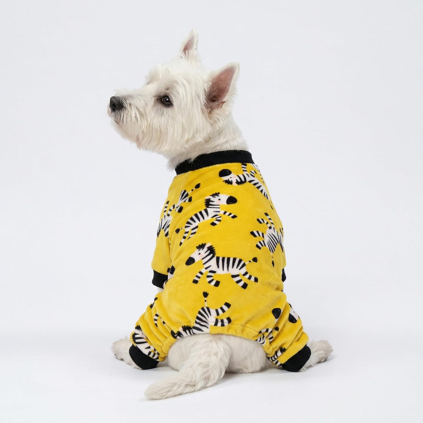 Zebra Dog Fleece Pajamas, Funny Winter Clothes for Small Dogs Boy Girl, Cozy Pet Onesie, Yellow, Black, White, Medium
