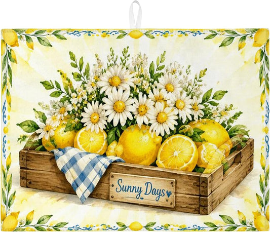 Sunny Days Lemon Dish Drying Mats for Kitchen Counter, Bright Yellow Absorbent Dish Drainer Rack Mat, Summer Rustic Microfiber Drying Pad 18x24 Inch