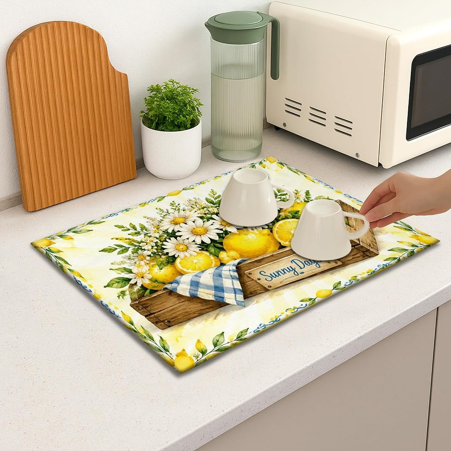 Sunny Days Lemon Dish Drying Mats for Kitchen Counter, Bright Yellow Absorbent Dish Drainer Rack Mat, Summer Rustic Microfiber Drying Pad 18x24 Inch