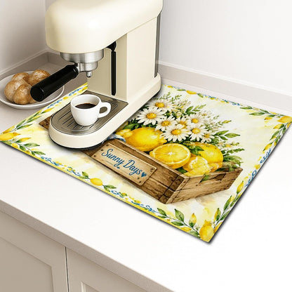 Sunny Days Lemon Dish Drying Mats for Kitchen Counter, Bright Yellow Absorbent Dish Drainer Rack Mat, Summer Rustic Microfiber Drying Pad 18x24 Inch