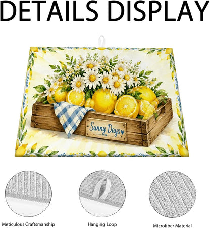 Sunny Days Lemon Dish Drying Mats for Kitchen Counter, Bright Yellow Absorbent Dish Drainer Rack Mat, Summer Rustic Microfiber Drying Pad 18x24 Inch