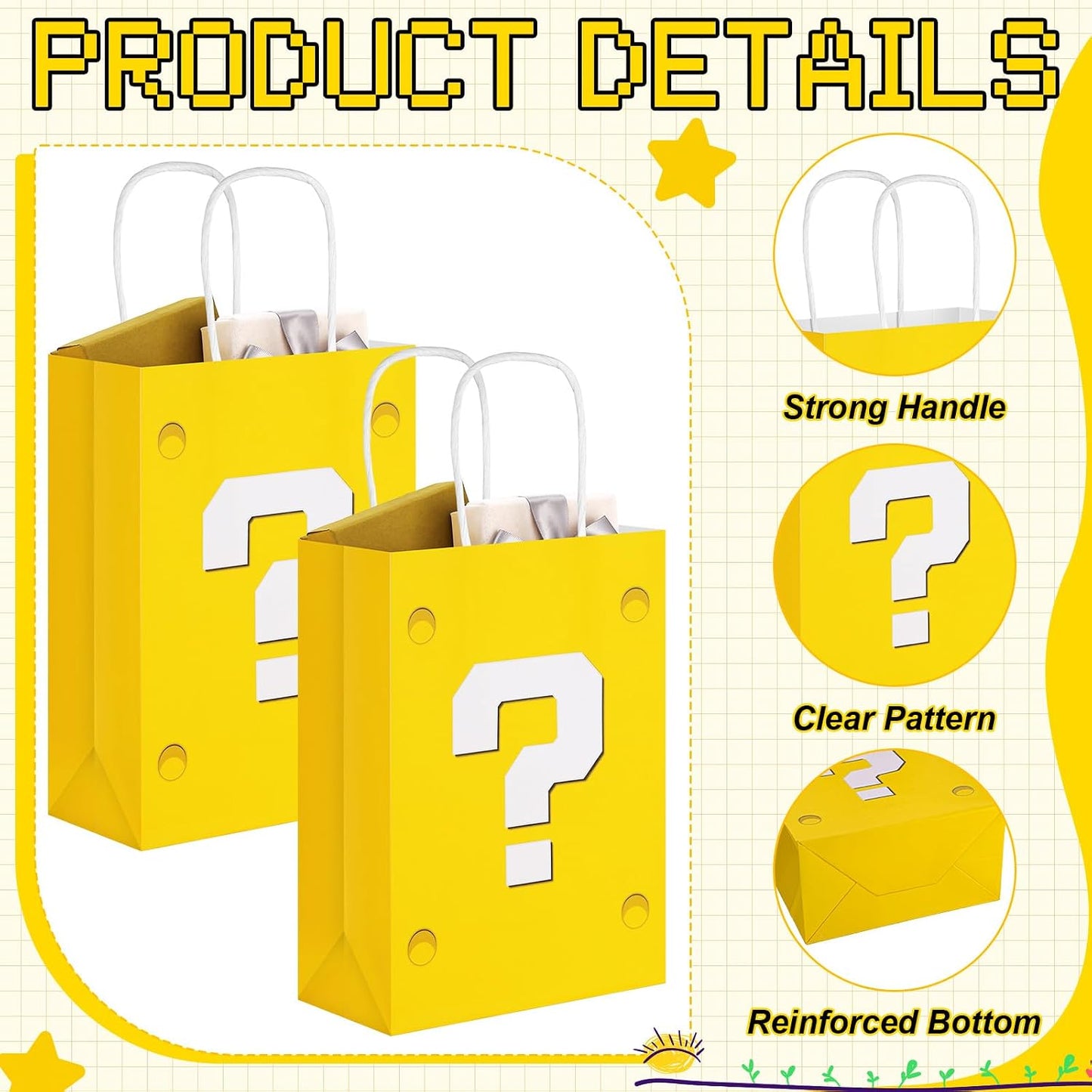 24 Pcs Yellow Party Gift Bags Video Game Themed Goodie Bag | Cartoon Paper Candy Bags for Birthday Party Decorations Supplies