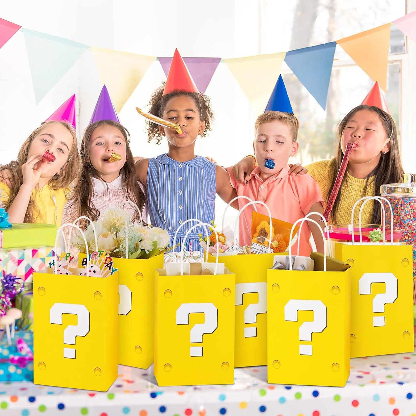 24 Pcs Yellow Party Gift Bags Video Game Themed Goodie Bag | Cartoon Paper Candy Bags for Birthday Party Decorations Supplies