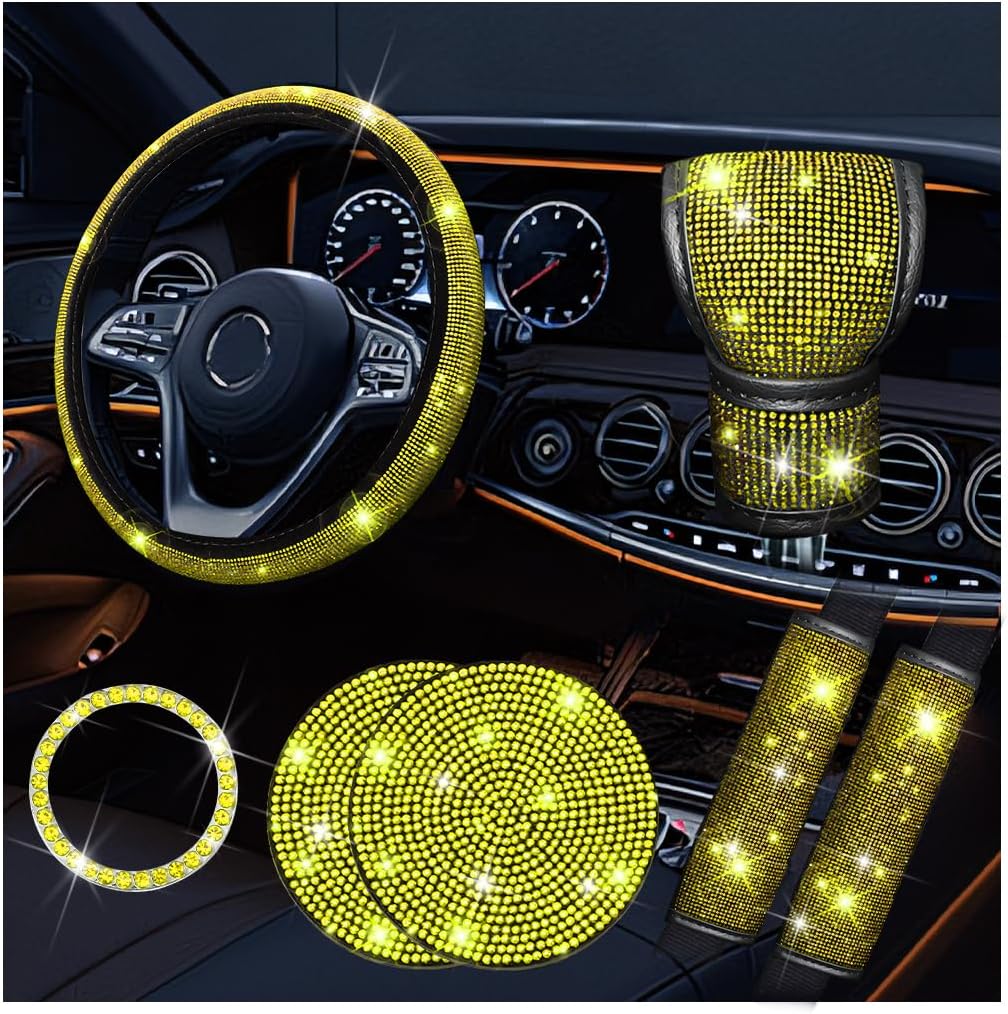 8PCS Bling Car Accessories Set Rhinestone Interior Decor Yellow | Fits 15 inch steering wheels, sparkly velvet design, include gear shift cover, diamond automotive cup holder and coasters