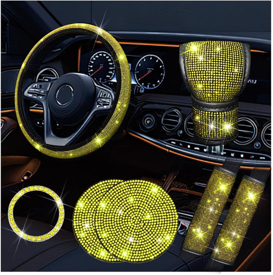 8PCS Bling Car Accessories Set Rhinestone Interior Decor Yellow | Fits 15 inch steering wheels, sparkly velvet design, include gear shift cover, diamond automotive cup holder and coasters