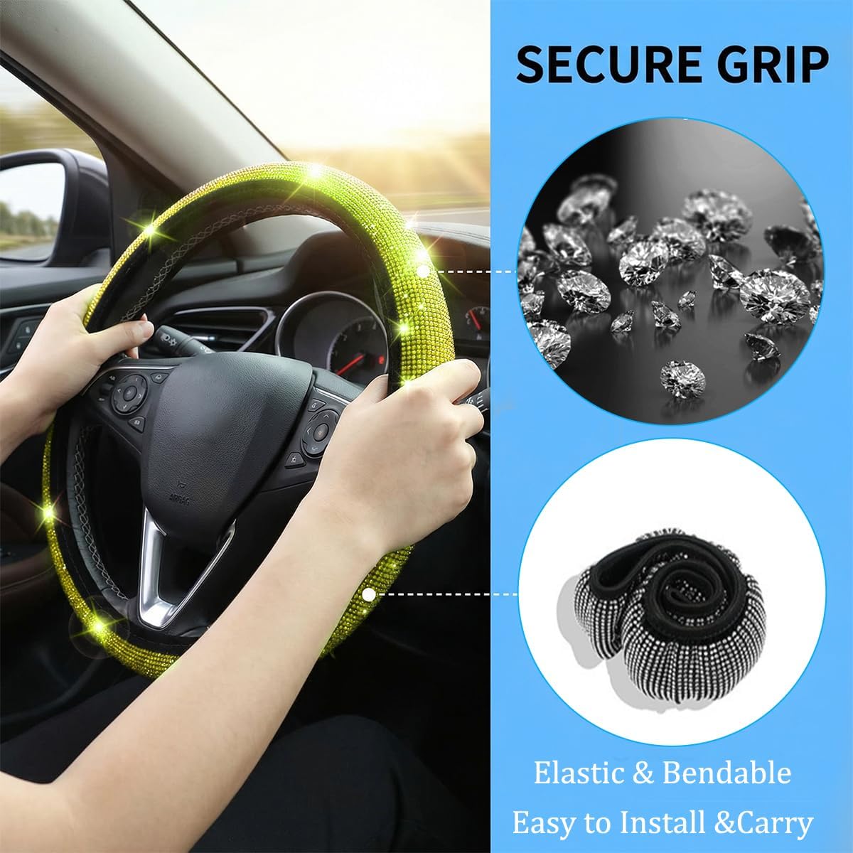 8PCS Bling Car Accessories Set Rhinestone Interior Decor Yellow | Fits 15 inch steering wheels, sparkly velvet design, include gear shift cover, diamond automotive cup holder and coasters