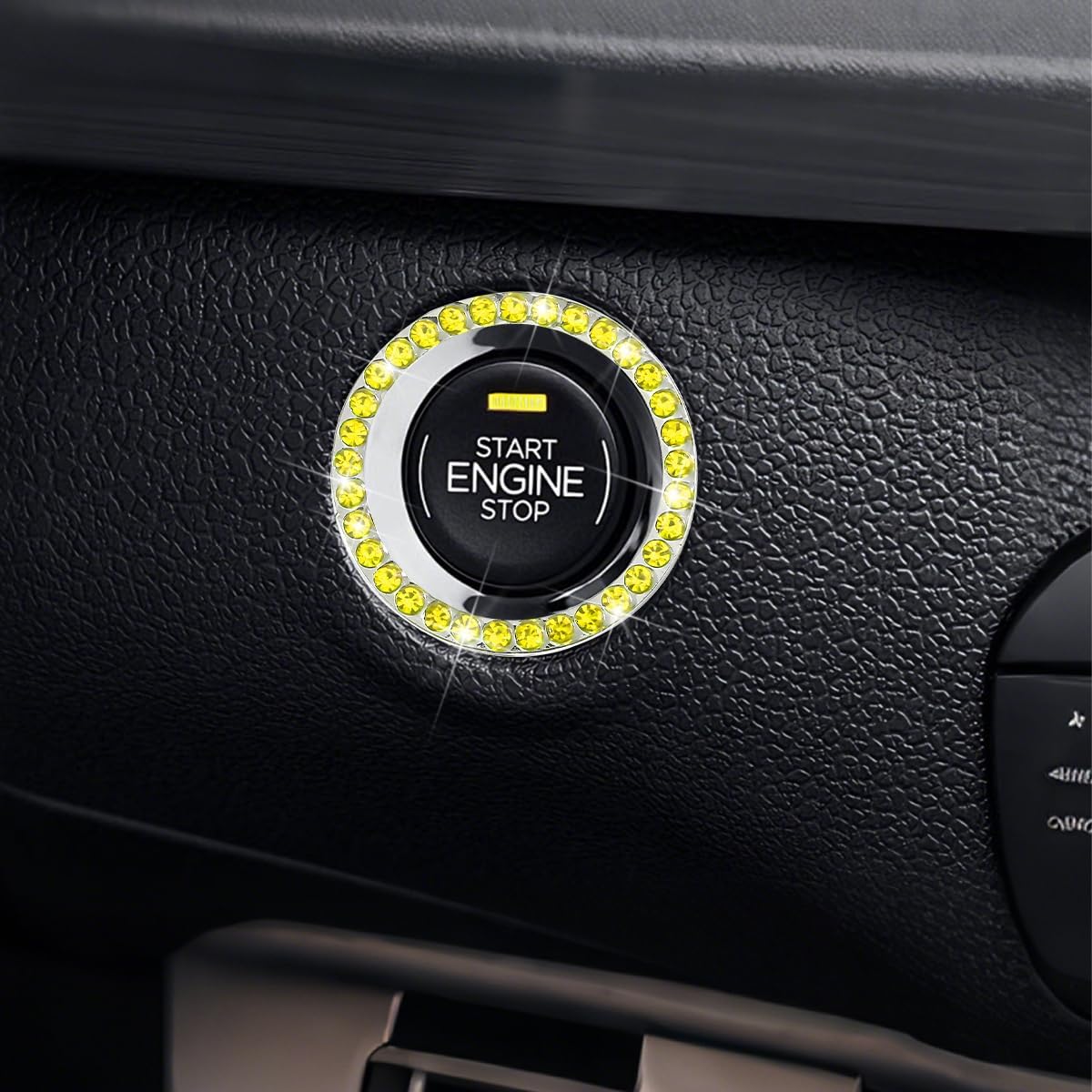 8PCS Bling Car Accessories Set Rhinestone Interior Decor Yellow | Fits 15 inch steering wheels, sparkly velvet design, include gear shift cover, diamond automotive cup holder and coasters