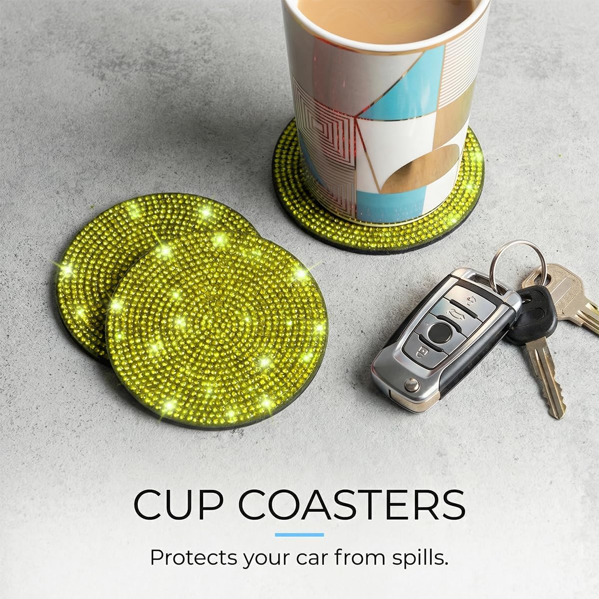 8PCS Bling Car Accessories Set Rhinestone Interior Decor Yellow | Fits 15 inch steering wheels, sparkly velvet design, include gear shift cover, diamond automotive cup holder and coasters