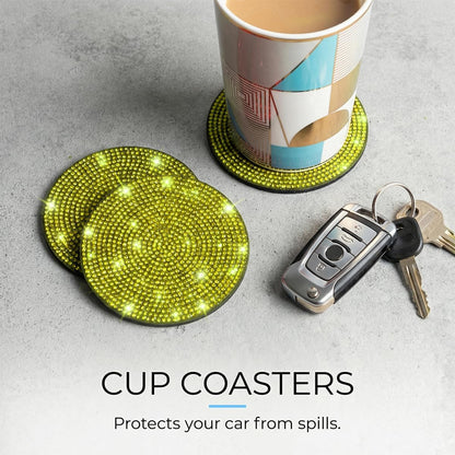 8PCS Bling Car Accessories Set Rhinestone Interior Decor Yellow | Fits 15 inch steering wheels, sparkly velvet design, include gear shift cover, diamond automotive cup holder and coasters