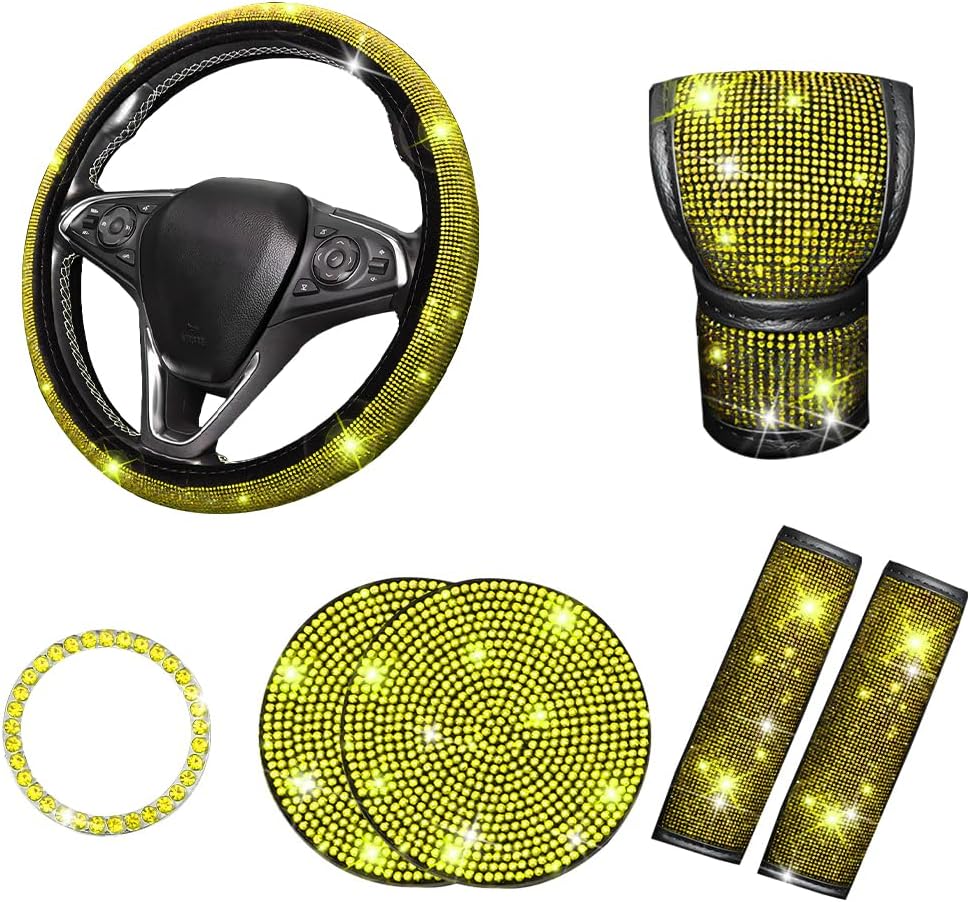 8PCS Bling Car Accessories Set Rhinestone Interior Decor Yellow | Fits 15 inch steering wheels, sparkly velvet design, include gear shift cover, diamond automotive cup holder and coasters