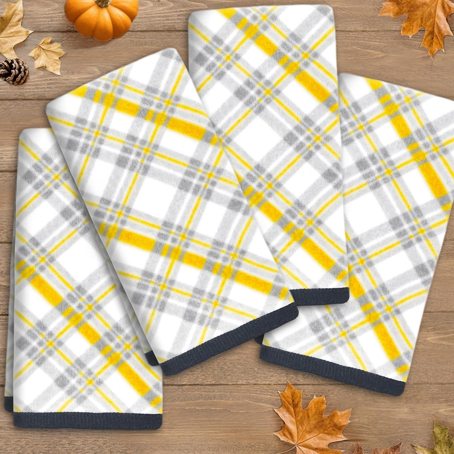 Yellow Hand Towels for Bathroom (15"x25", 4 Pack) - 100% Cotton | Light | Soft | Absorbent | 400 GSM | Fluffy, Checkered Hand Towels for Showering & Guest Use, Yellow and Gray Gingham Print
