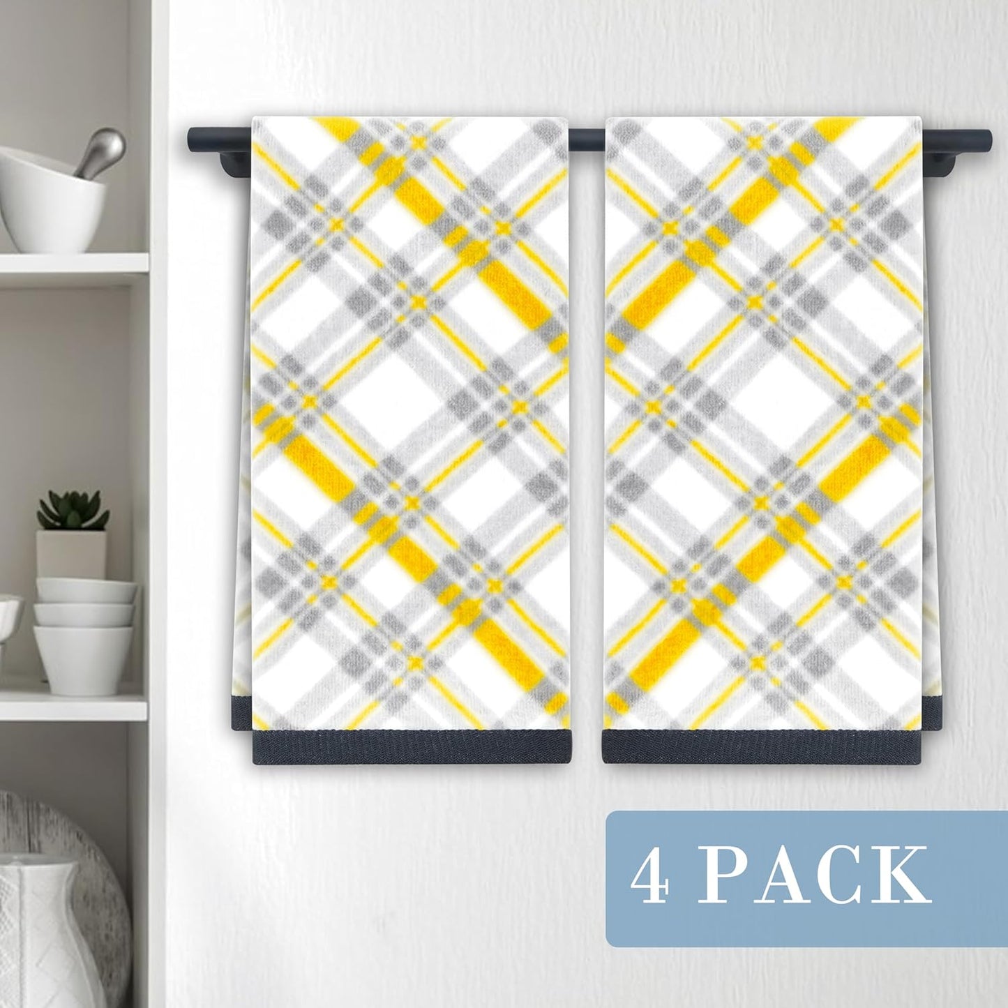 Yellow Hand Towels for Bathroom (15"x25", 4 Pack) - 100% Cotton | Light | Soft | Absorbent | 400 GSM | Fluffy, Checkered Hand Towels for Showering & Guest Use, Yellow and Gray Gingham Print