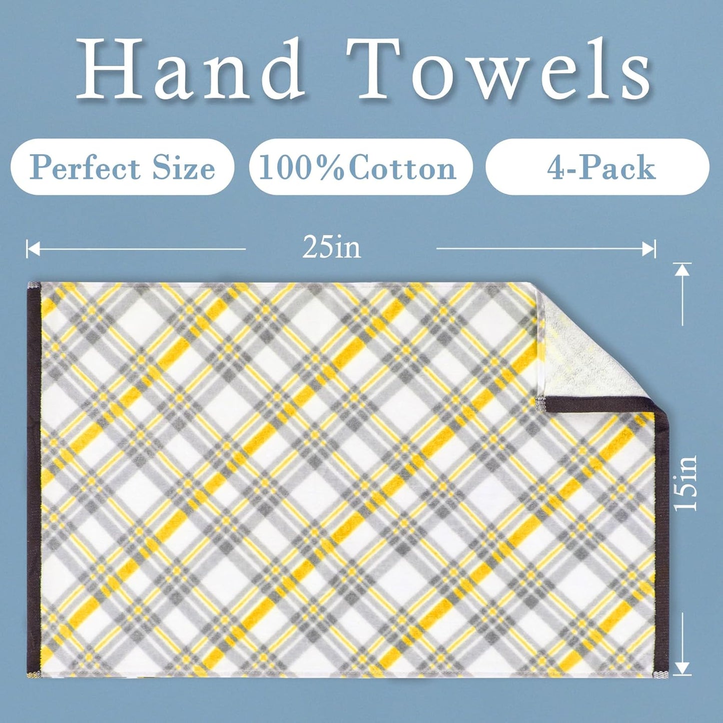 Yellow Hand Towels for Bathroom (15"x25", 4 Pack) - 100% Cotton | Light | Soft | Absorbent | 400 GSM | Fluffy, Checkered Hand Towels for Showering & Guest Use, Yellow and Gray Gingham Print