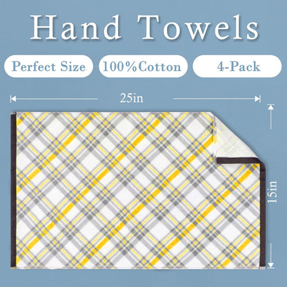 Yellow Hand Towels for Bathroom (15"x25", 4 Pack) - 100% Cotton | Light | Soft | Absorbent | 400 GSM | Fluffy, Checkered Hand Towels for Showering & Guest Use, Yellow and Gray Gingham Print